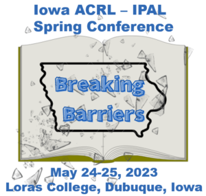 Breaking Barriers graphic with book, IA state outline and broken glass